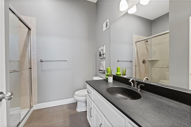 bathroom with vanity, tile patterned floors, toilet, and walk in shower