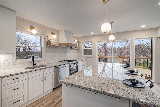 kitchen featuring white cabinets, custom exhaust hood, sink, and stainless steel appliances