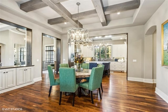 dining room featuring coffered ceiling, beam ceiling, dark hardwood / wood-style floors, and a chandelier