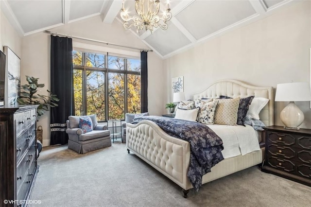 carpeted bedroom featuring beam ceiling, ornamental molding, high vaulted ceiling, and a chandelier