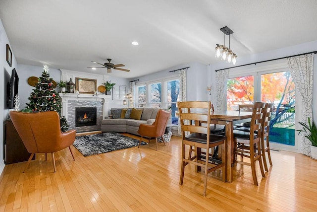 dining room featuring ceiling fan with notable chandelier and light wood-type flooring