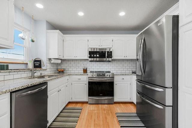 kitchen featuring tasteful backsplash, sink, white cabinets, and stainless steel appliances