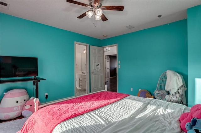 bedroom with connected bathroom and ceiling fan