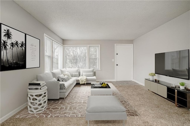 carpeted living room featuring a textured ceiling