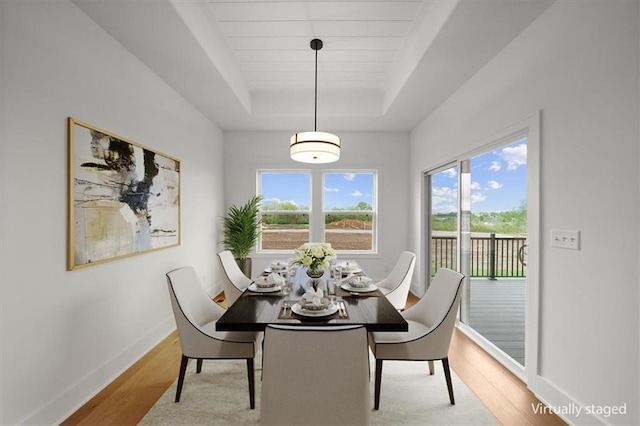 dining room featuring a raised ceiling, baseboards, and wood finished floors