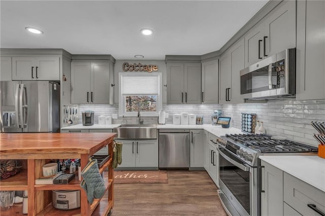 kitchen featuring appliances with stainless steel finishes, sink, decorative backsplash, and gray cabinetry