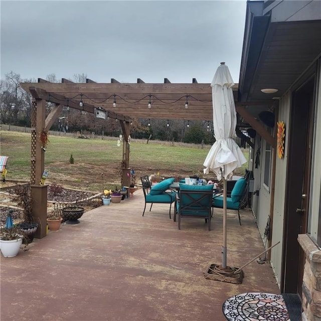 view of patio featuring an outdoor living space and a pergola