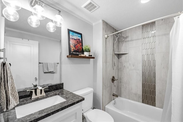 full bathroom featuring vanity, crown molding, toilet, shower / bathtub combination with curtain, and a textured ceiling