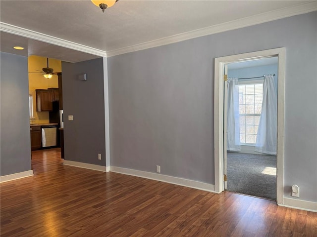 unfurnished living room with ceiling fan, dark hardwood / wood-style floors, and ornamental molding