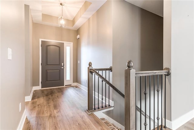 foyer with a raised ceiling, wood finished floors, and baseboards