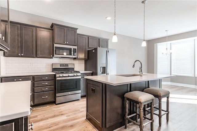 kitchen featuring a sink, decorative backsplash, dark brown cabinetry, stainless steel appliances, and a kitchen bar