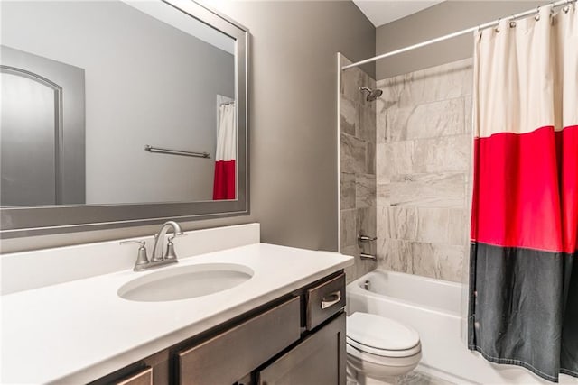 full bathroom featuring shower / bath combination with curtain, toilet, and vanity