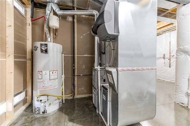 utility room featuring heating unit and water heater