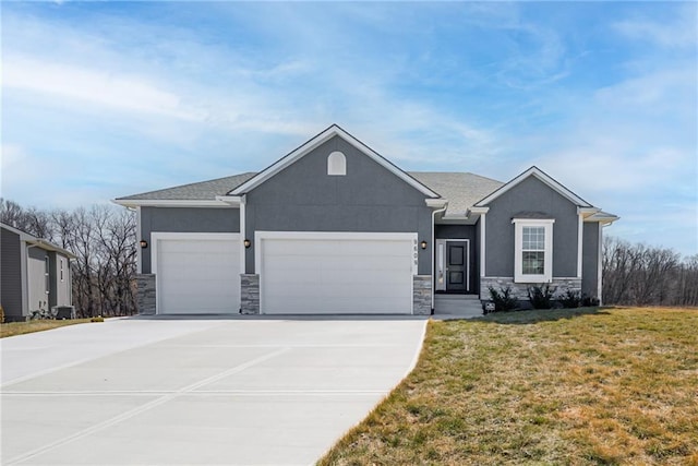 single story home with a front yard, driveway, stucco siding, a garage, and stone siding