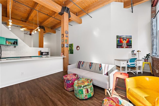 living room featuring wood ceiling, ceiling fan, beam ceiling, and wood finished floors