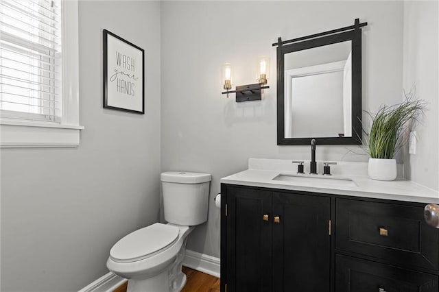 bathroom with toilet, hardwood / wood-style flooring, and vanity