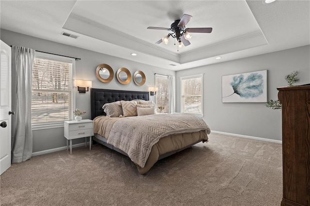 bedroom featuring a raised ceiling, ceiling fan, and multiple windows