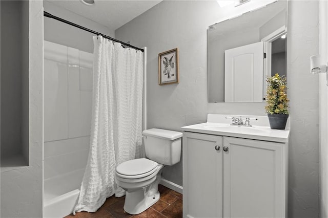 full bathroom featuring toilet, shower / bath combination with curtain, and vanity