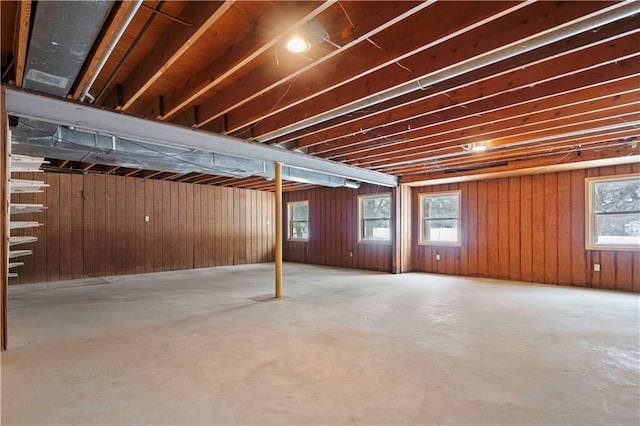 basement featuring wood walls