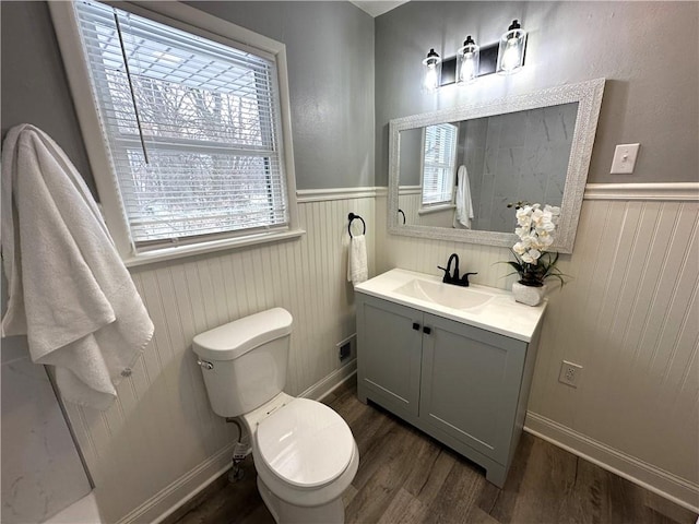 bathroom featuring toilet, wood-type flooring, and vanity