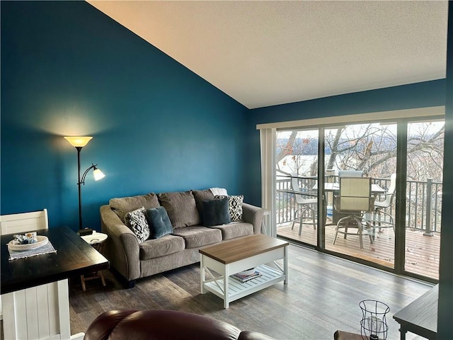 living room featuring wood-type flooring, a textured ceiling, and vaulted ceiling