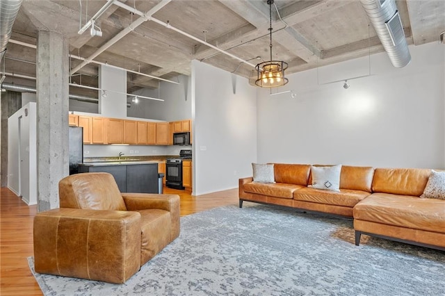 living room with sink, rail lighting, a high ceiling, a notable chandelier, and light wood-type flooring