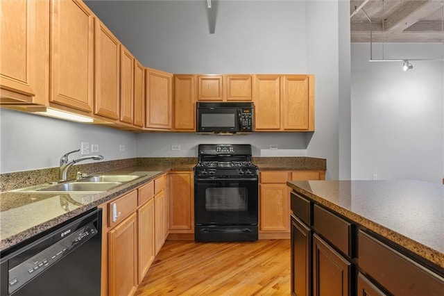 kitchen with light wood-type flooring, sink, and black appliances