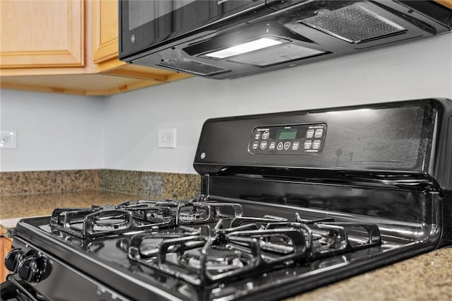 details featuring dark stone counters, light brown cabinetry, and black appliances