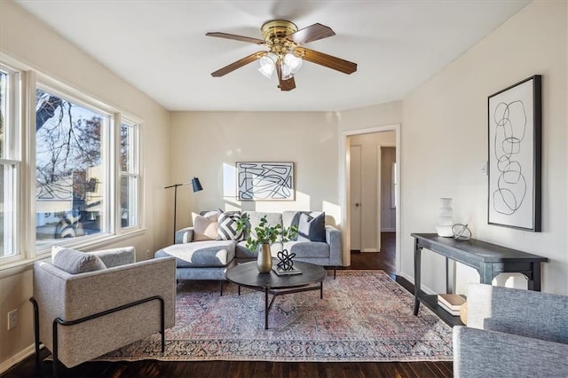 living room featuring ceiling fan and dark hardwood / wood-style flooring