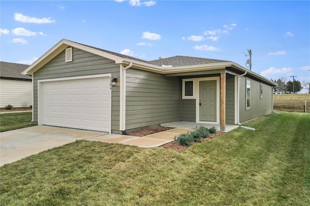 single story home with a front yard and a garage