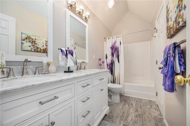 full bathroom featuring lofted ceiling, toilet, wood-type flooring, vanity, and shower / bathtub combination with curtain