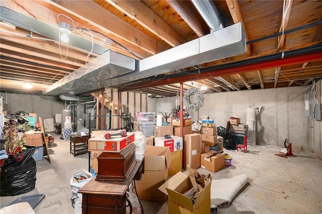 basement with electric panel and water heater