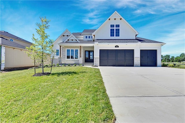 16905 Parkhill St, Overland Park, KS 66221 - modern farmhouse with concrete driveway, a front lawn, stone siding, and an attached garage