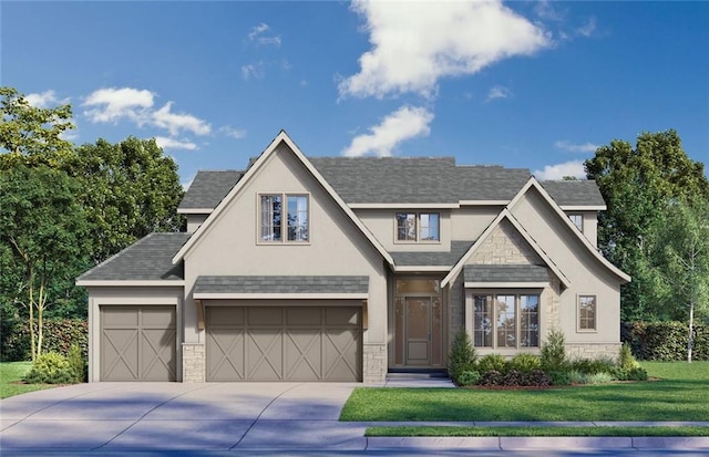 16905 Parkhill St, Overland Park, KS 66221 - view of front of house with stucco siding, stone siding, driveway, a front yard, and roof with shingles