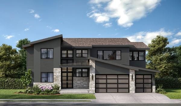 contemporary house with a garage, stone siding, and driveway