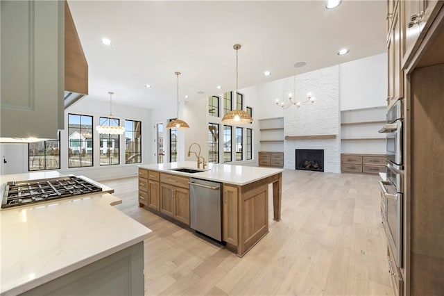 kitchen with light wood finished floors, a notable chandelier, appliances with stainless steel finishes, and a sink