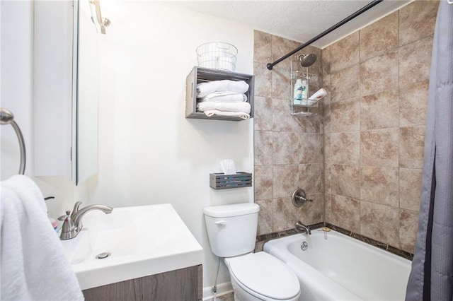 full bathroom featuring vanity, shower / bath combo, a textured ceiling, and toilet