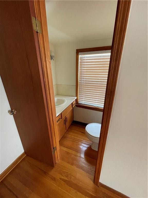 bathroom featuring wood-type flooring, toilet, and sink