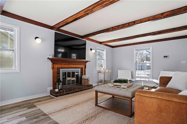 living room with beam ceiling, hardwood / wood-style floors, and a fireplace