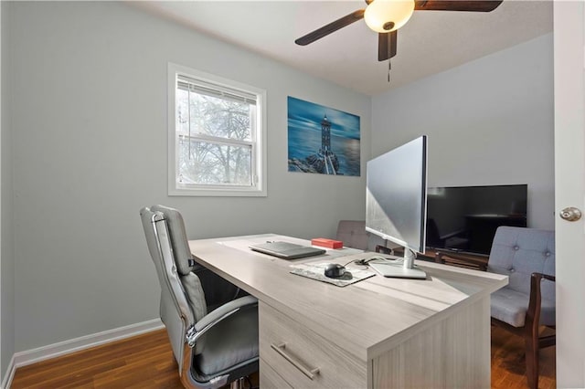 office area featuring ceiling fan and dark wood-type flooring