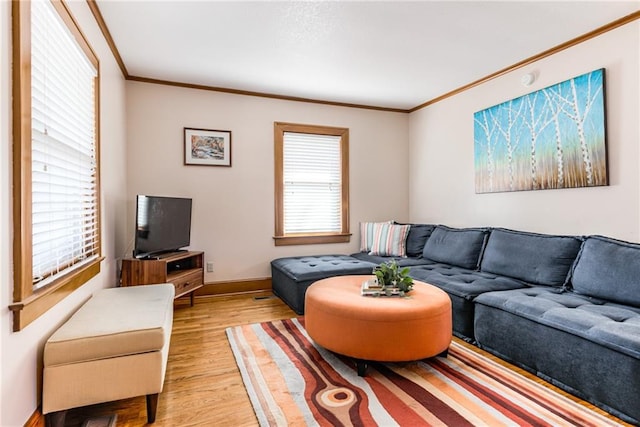 living room with crown molding, plenty of natural light, and light wood-type flooring