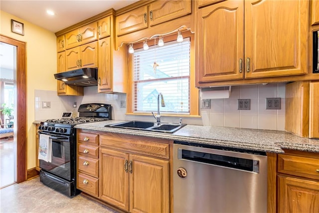 kitchen with sink, backsplash, gas stove, and dishwasher