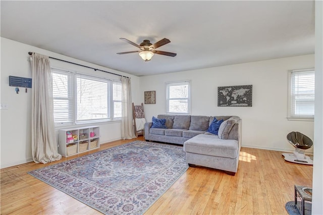 living room featuring ceiling fan and wood-type flooring