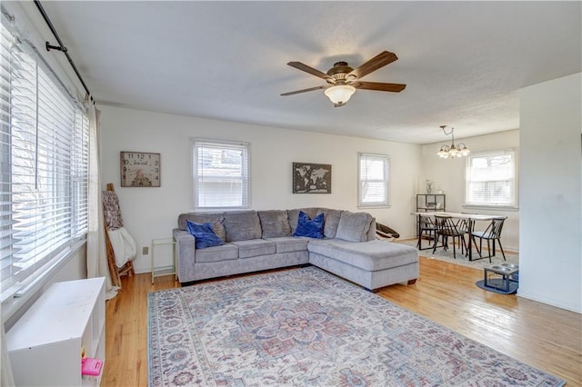 living room with ceiling fan with notable chandelier and light wood-type flooring