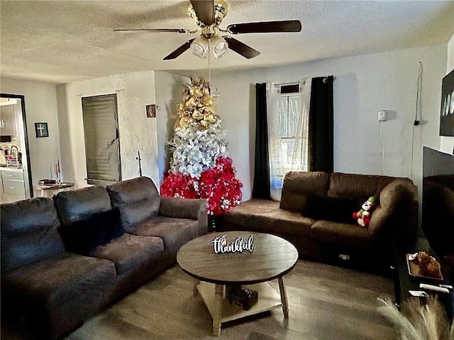 living room with ceiling fan and a textured ceiling