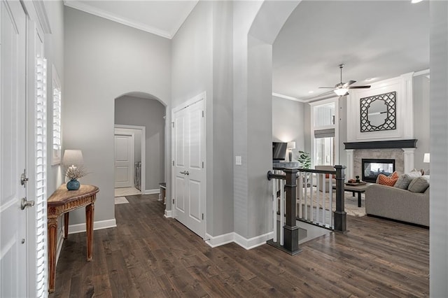 corridor with dark hardwood / wood-style flooring and ornamental molding