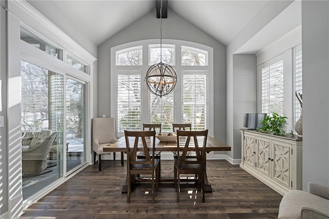 dining space with dark hardwood / wood-style floors, lofted ceiling with beams, and a notable chandelier