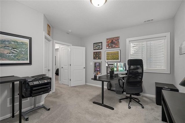 office area featuring light colored carpet