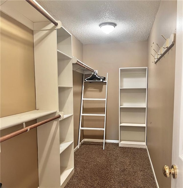 spacious closet featuring dark carpet