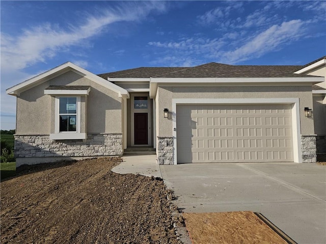 5005 146th St, Basehor, KS 66007 - ranch-style house featuring stone siding, stucco siding, an attached garage, and driveway